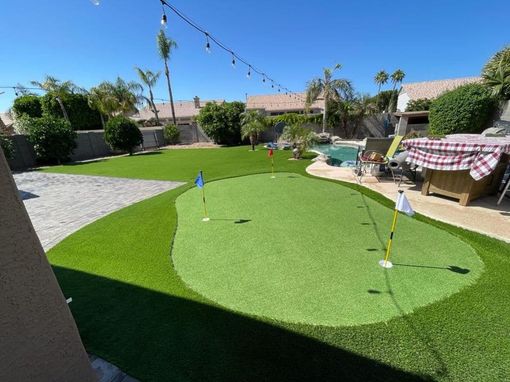 Backyard putting green with flags, palm trees, and pool under a clear blue sky.