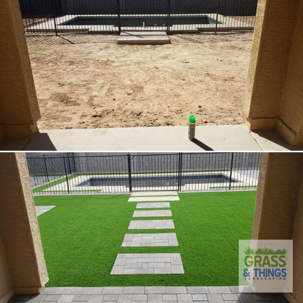 Before and after landscaping transformation featuring artificial grass and stone pathway.