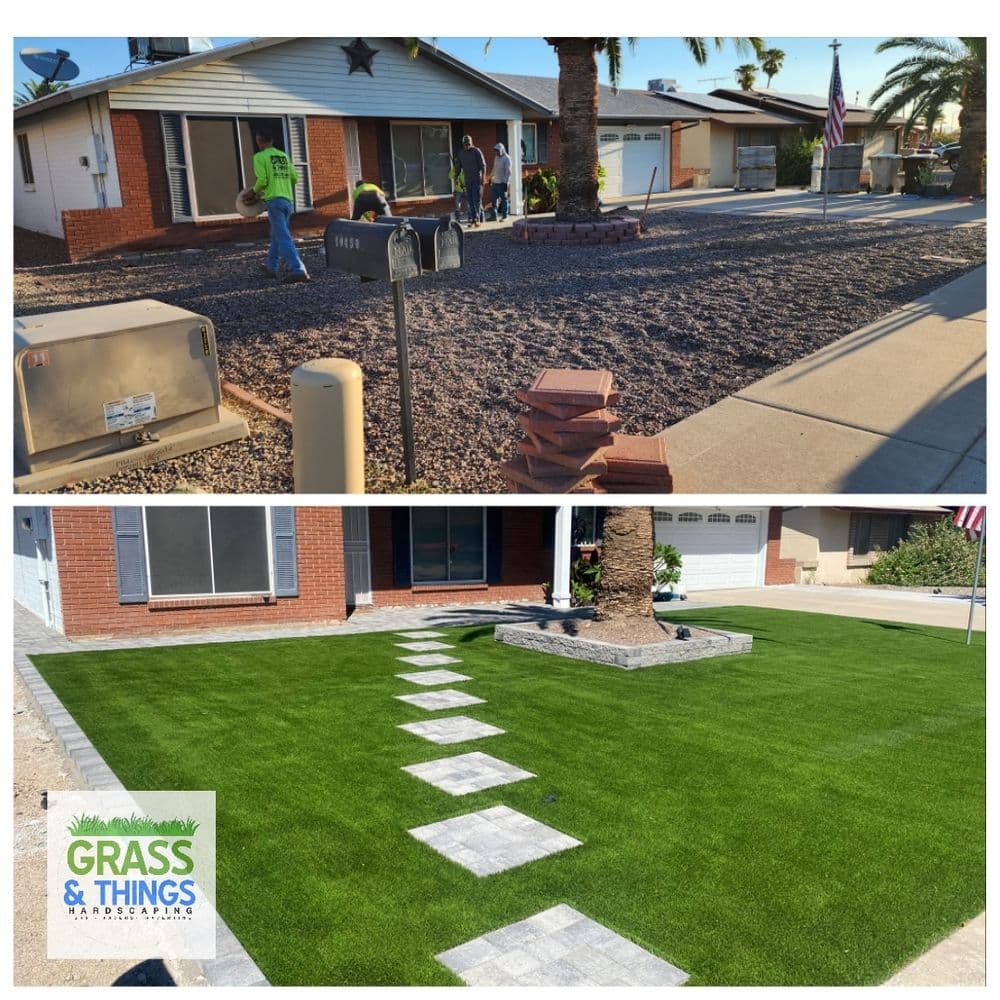Before and after transformation of a home landscape with artificial grass installation.