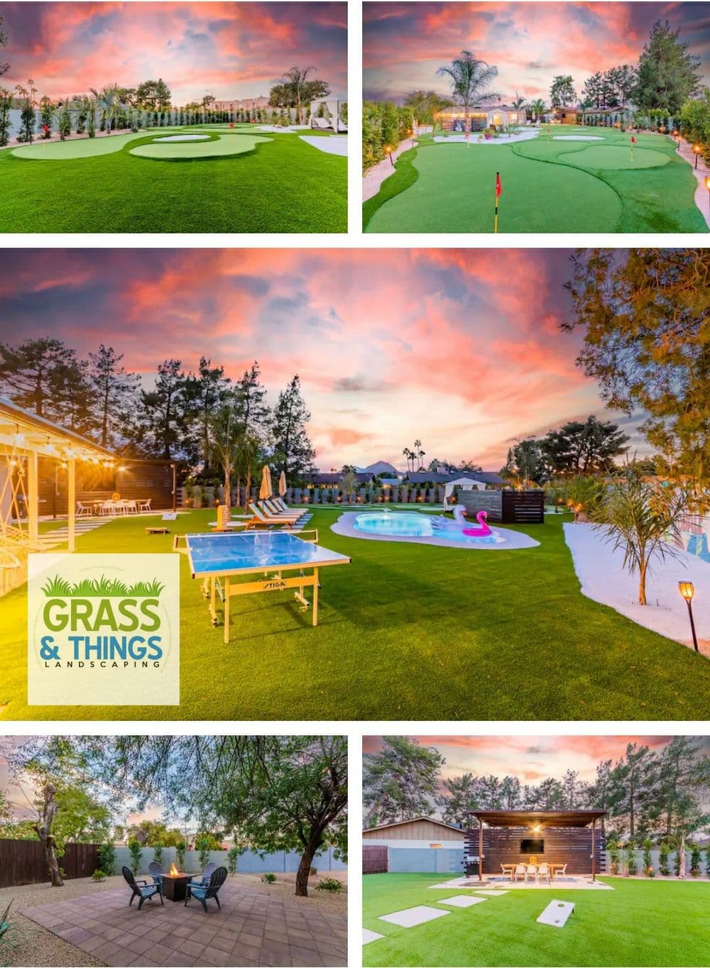 Landscaped backyard with pool, putting green, and sunset sky by Grass & Things Landscaping.
