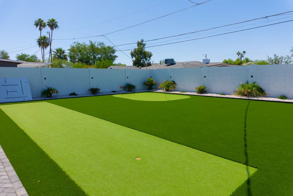 Vibrant backyard with artificial grass, palm trees, and a spacious green lawn under a clear sky.