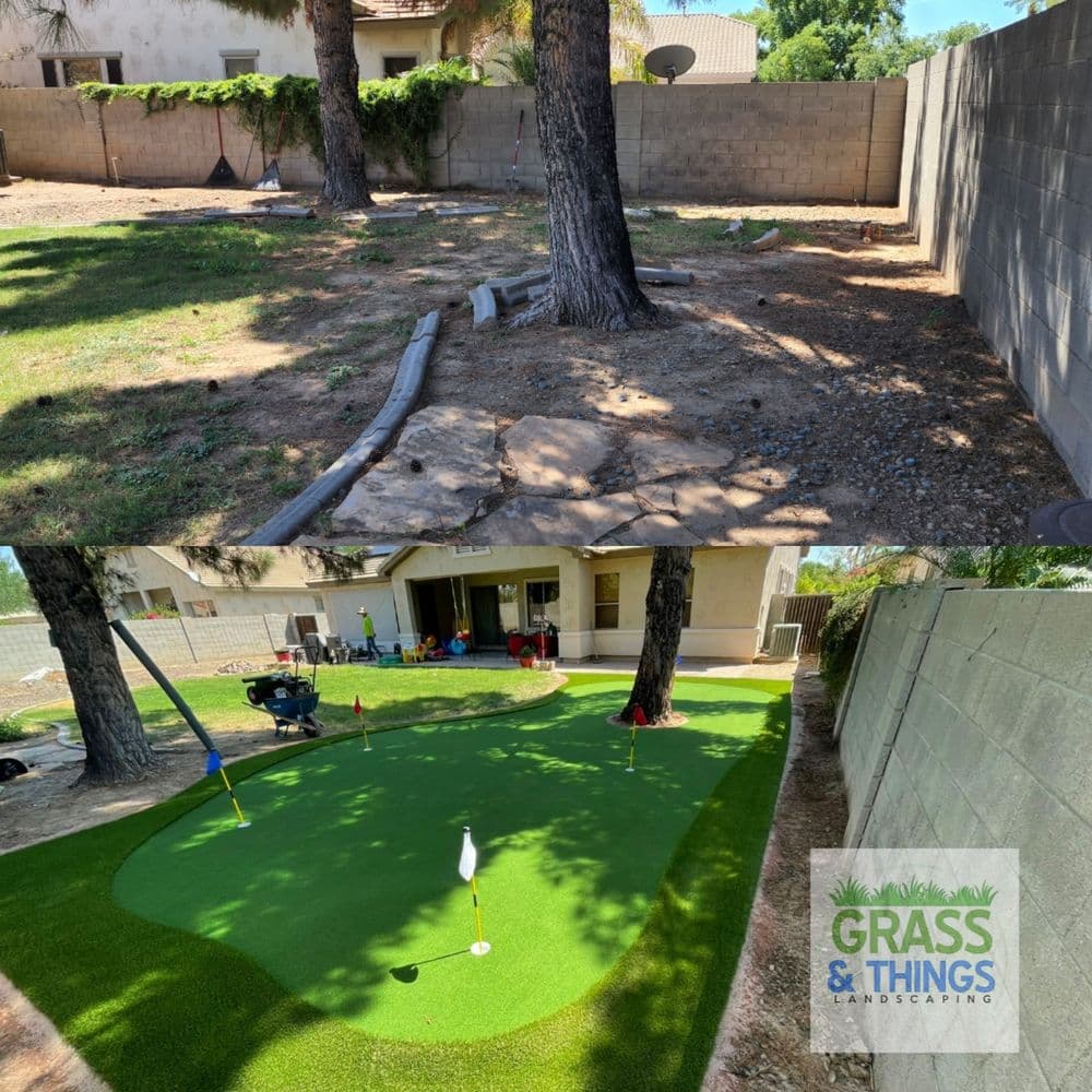 Before and after garden transformation with artificial turf putting green and landscaping improvements.