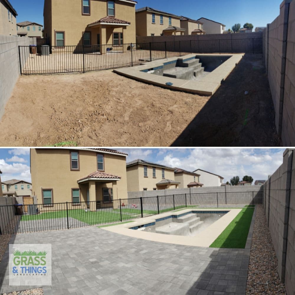 Before and after backyard transformation featuring a pool, landscaping, and patio pavers.